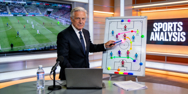 资深体育分析师在演播室进行战术讲解的场景