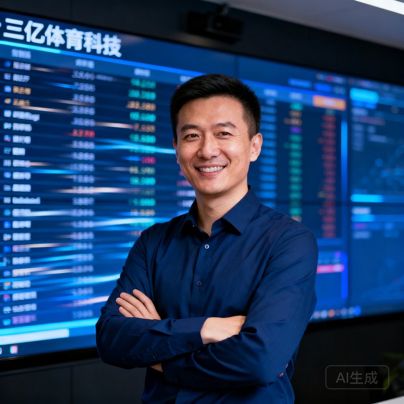 三亿体育科技创始人张启明穿着深蓝色商务衬衫，双臂交叉站立在公司数据监控大屏前，背景是实时滚动的赛事数据流，他面带自信微笑，年龄约35岁。